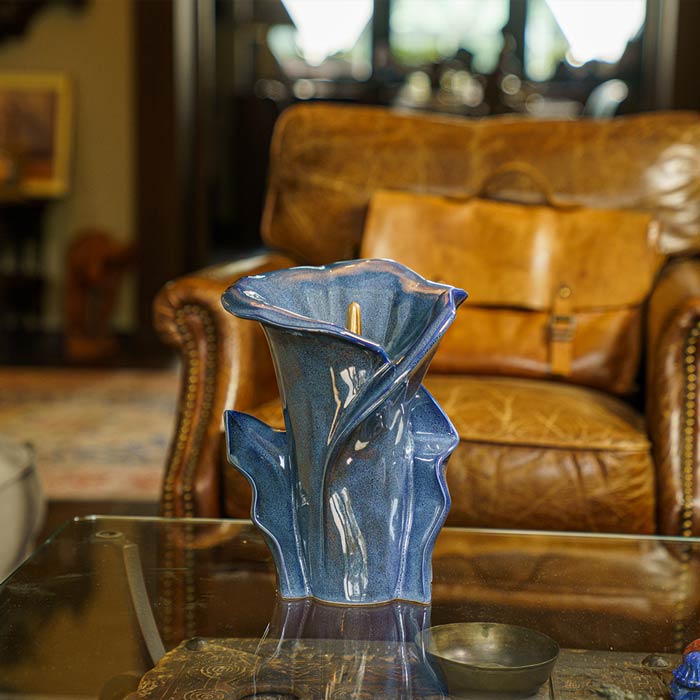 Calla Lilly Medium Cremation Urn for Ashes Blue Near Chair