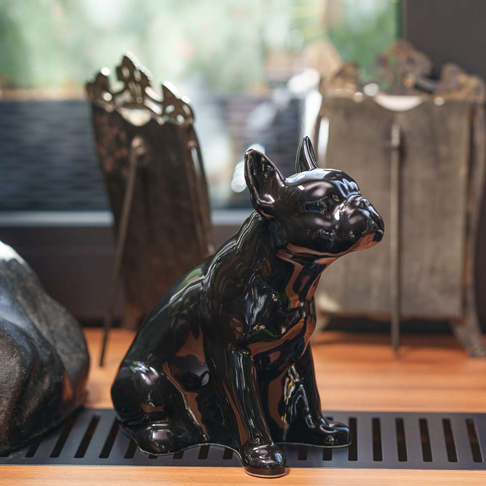 French Bulldog Pet Urn for Ashes in Glossy Black on Shelf Right Facing