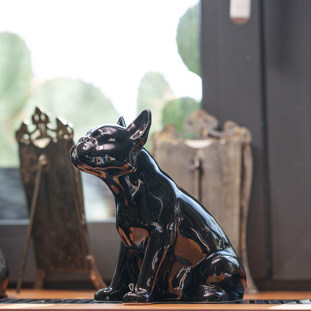 French Bulldog Pet Urn for Ashes in Glossy Black on Shelf in Sun View