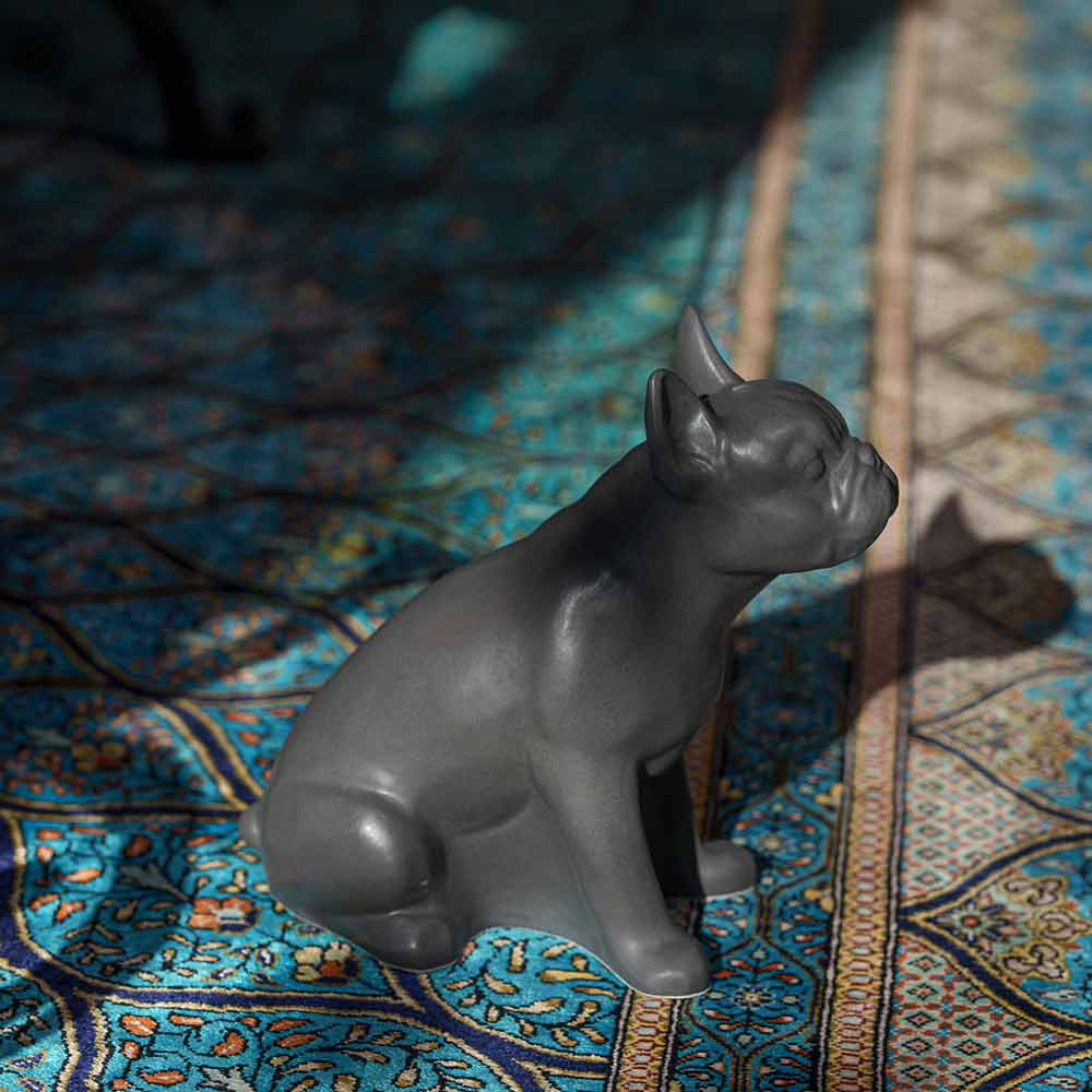 French Bulldog Pet Urn for Ashes in Matte Grey on Rug