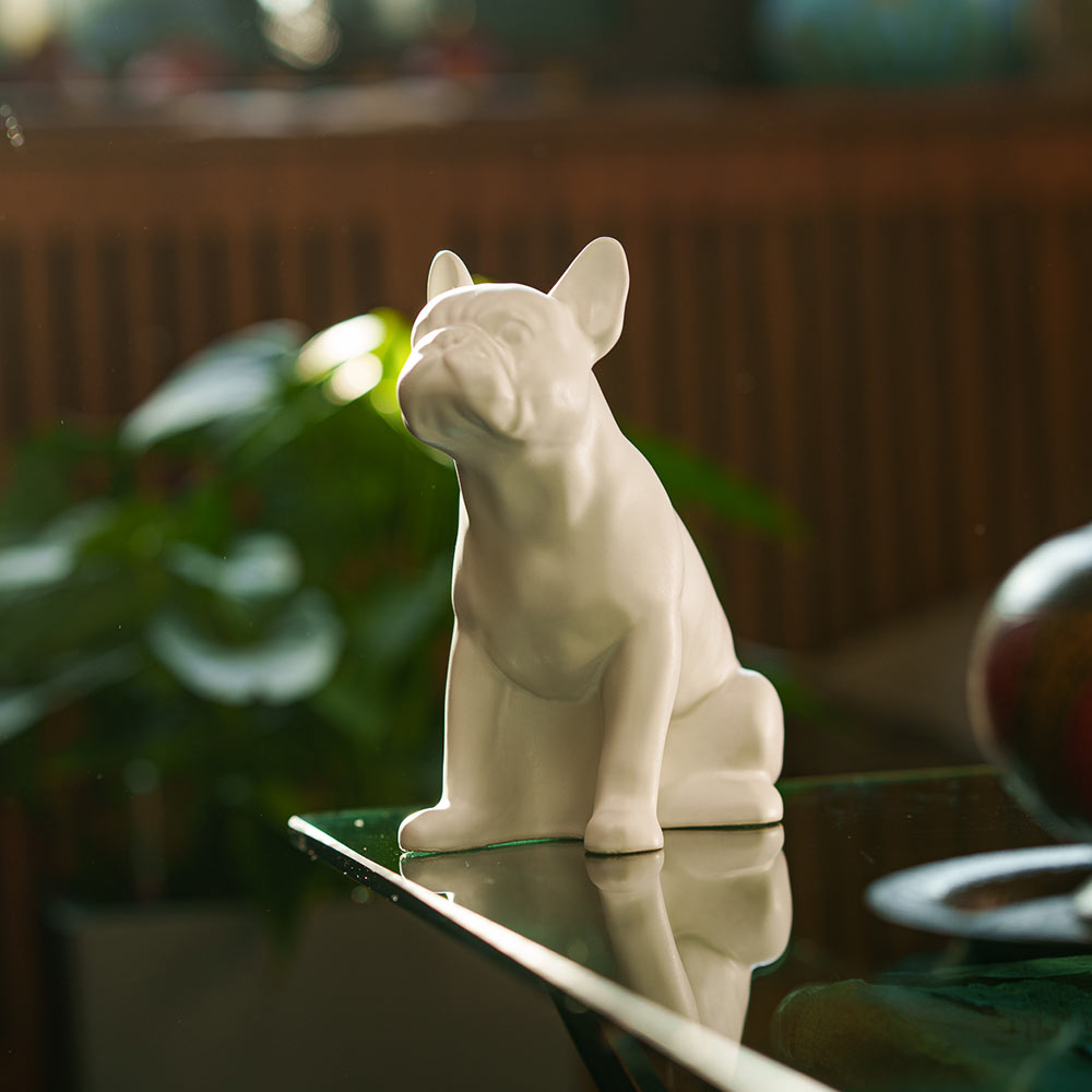 French Bulldog Pet Urn for Ashes in Matte White on Table Looking Up