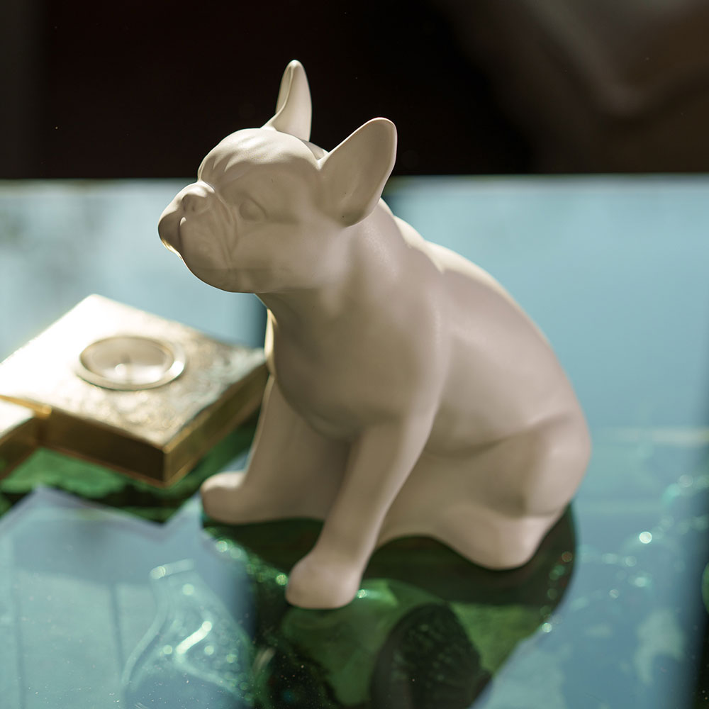 French Bulldog Pet Urn for Ashes in Matte White on Table