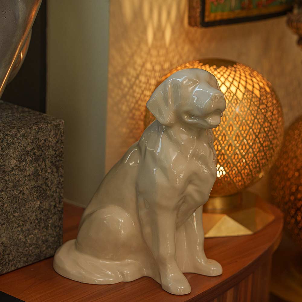 Golden Retriever Pet Urn for Ashes in Cream on Shelf Right