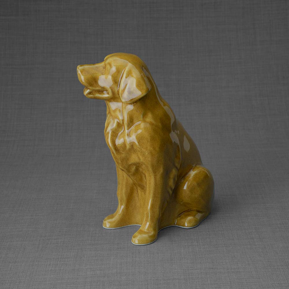 Golden Retriever Pet Urn for Ashes in Gold Left