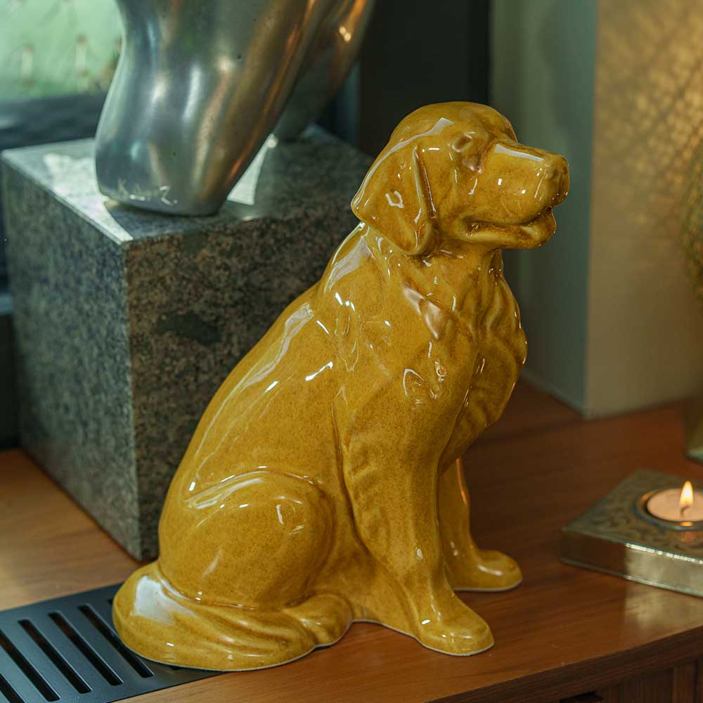 Golden Retriever Pet Urn for Ashes in Gold on Shelf Close Up