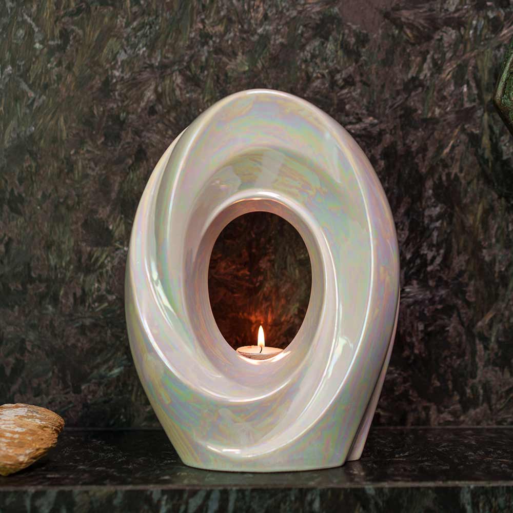 The Passage Adult Cremation Urn for Ashes in Pearlescent White Lit