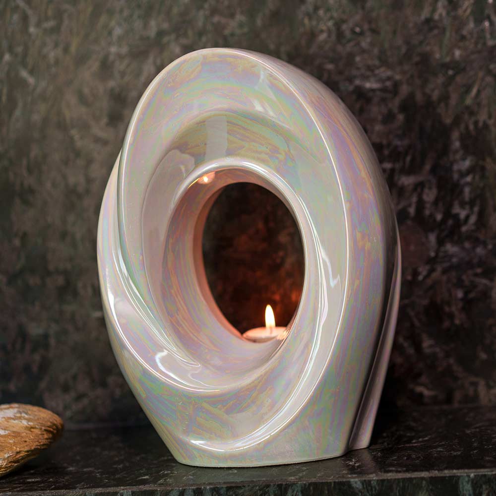 The Passage Adult Cremation Urn for Ashes in Pearlescent White on Shelf