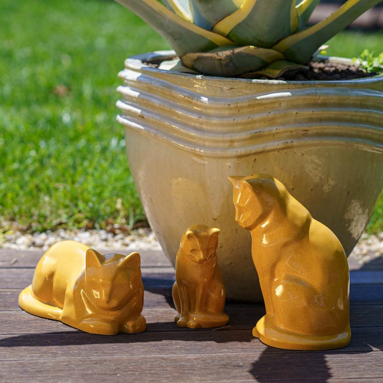 amber cat urns outside near plant pot